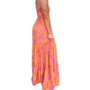 Anthro Abel The Label Bondi Dress Maxi Strapless Smocked Tiered Orange Pink M